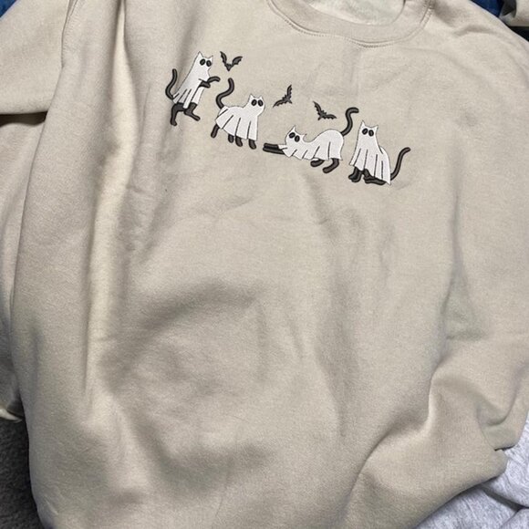 Halloween Ghost Cat Sweatshirt Cotton Fall Spooky Season Fun Unisex - Picture 6 of 6